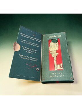 Longaberger 2003 Vintage Pewter Santa Key With Box & Ribbon